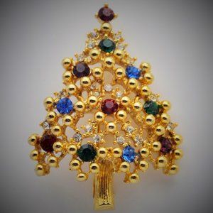 Eisenberg Vintage Christmas Tree Brooch Gold Tone w/ Colorful Rhinestones